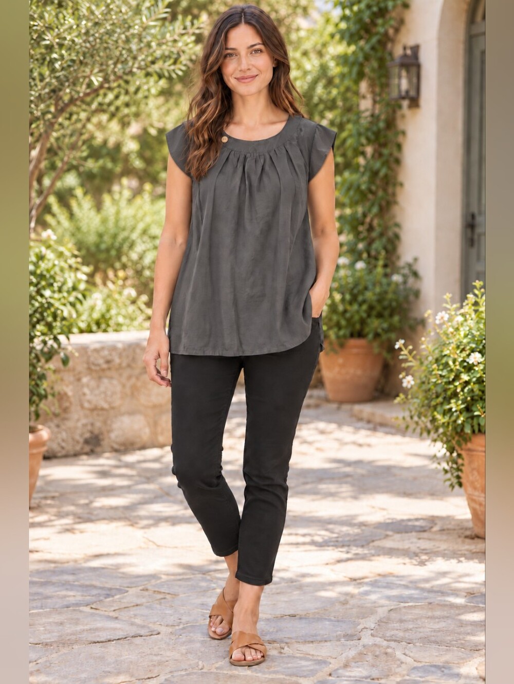 Women’s Small Gray Sleeveless Babydoll Tunic Blouse Gathered Neck Button